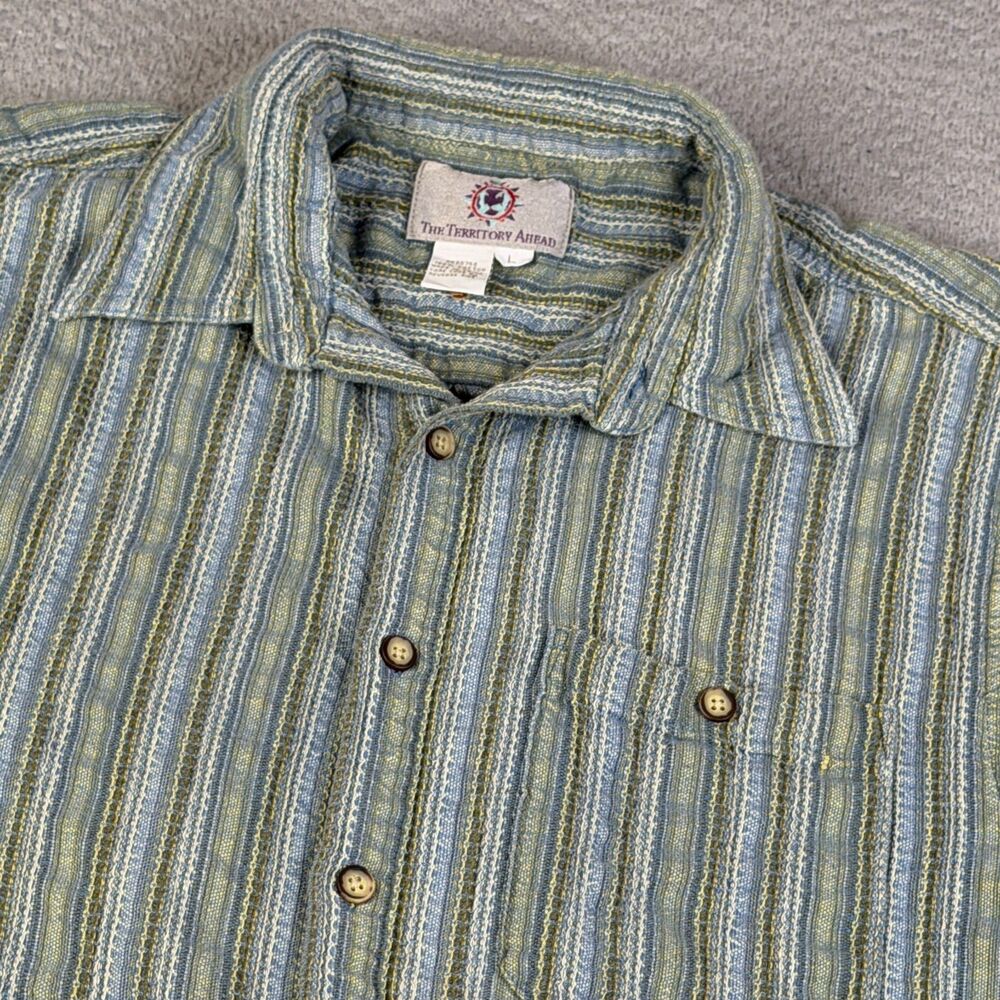 THE TERRITORY AHEAD Shirt Mens L Blue Green Stripe Cotton Woven Outdoor Textured